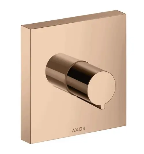 Unterputz-Absperrventil in poliertem Rotgold mit runder Betätigung von AXOR. Quadratplatte mit minimalistischem Design, geeignet für Badezimmerinstallationen.